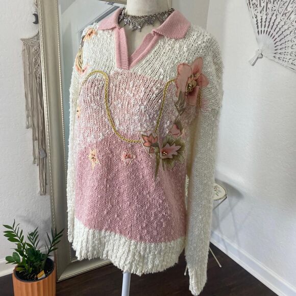 White Pink Vintage Chunky Coquette Flower Pearl Embroidered Collared Sweater M - Picture 4 of 8